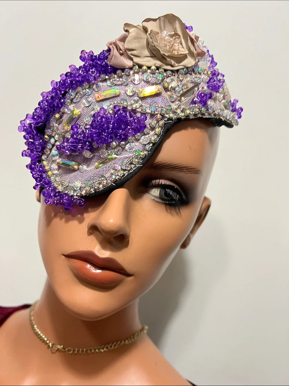 Purple Beaded Decorative Sleep Mask with Champagne Flower Accent